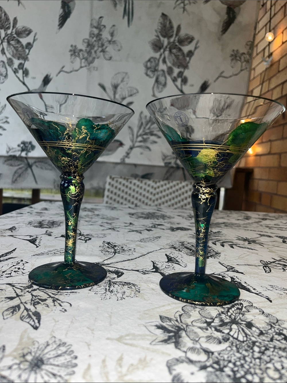 Pair of Handcrafted Teal and Blue with gold Martini Glasses made in Romania